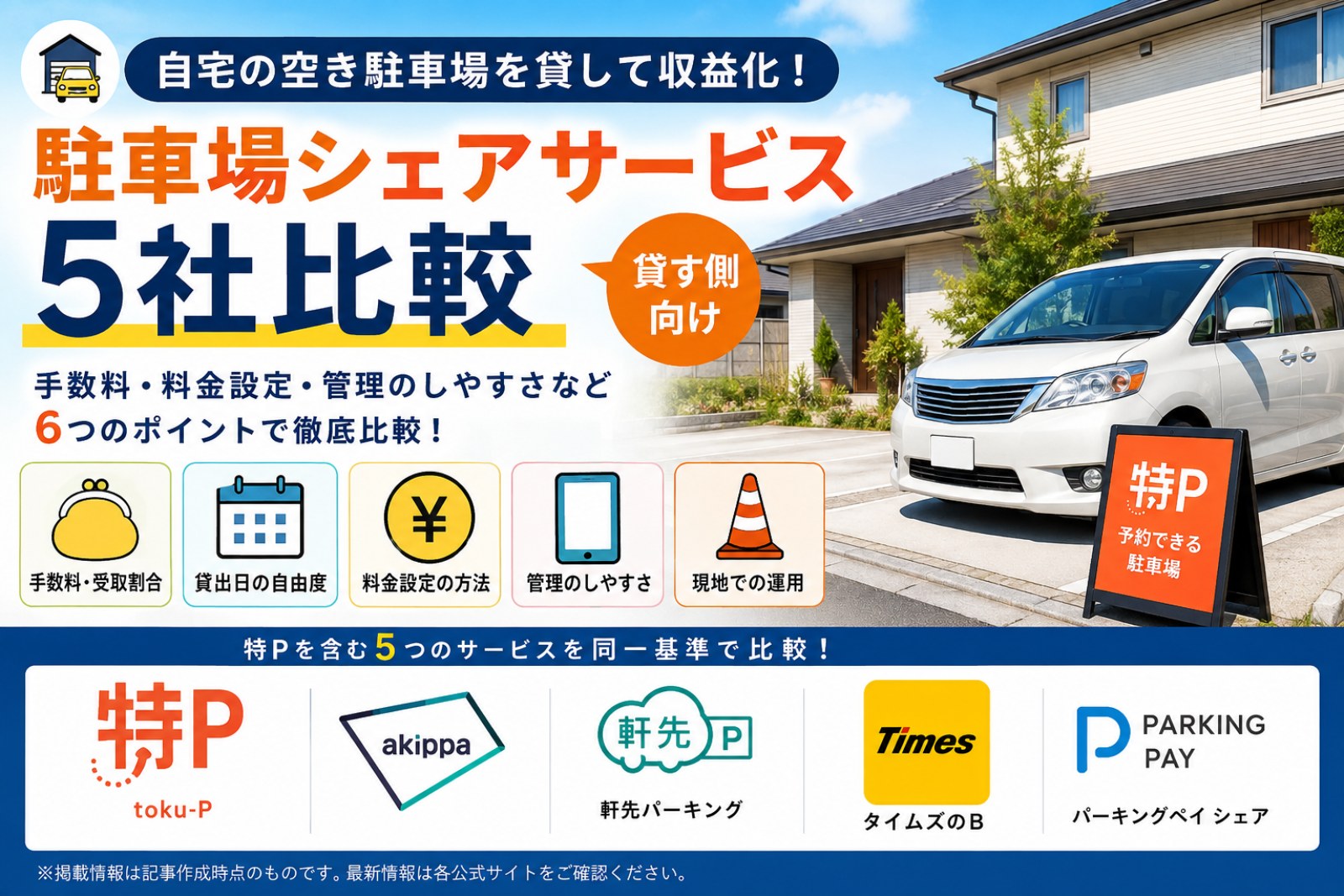 特Pで自宅の駐車場を貸す方法は?費用・手数料・使い方を駐車場シェア5社で比較